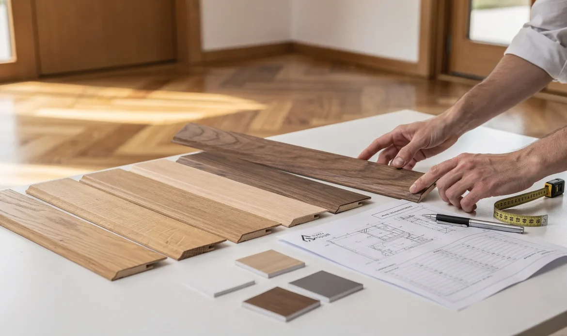 Campioni di battiscopa in legno e documentazione tecnica su un tavolo di cantiere durante una ristrutturazione